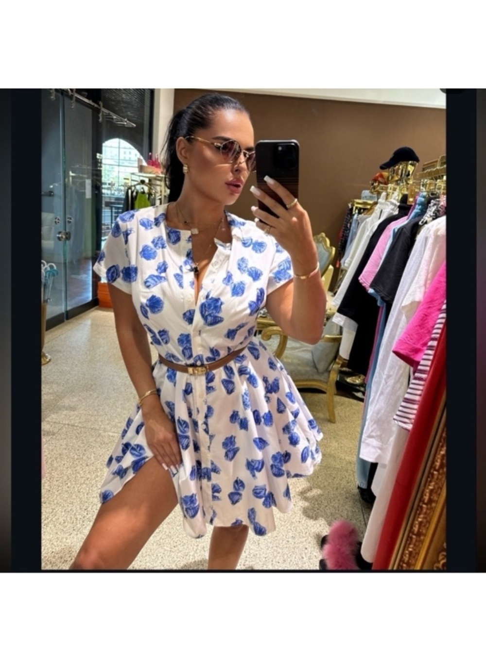 Zara White Mini Dress with Blue Shell Print